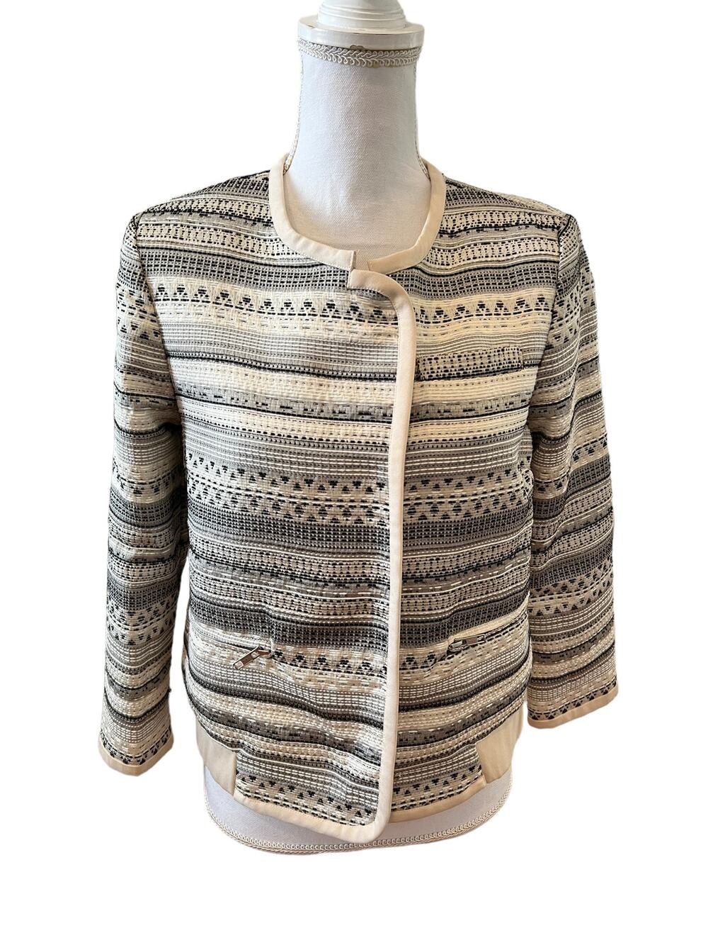 Parker Metallic Spring Tweed Mixed Media Blazer Cream Black S